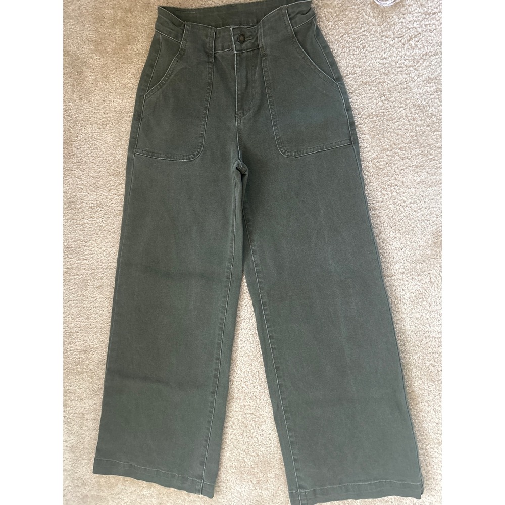 Sidefeel Women Olive Green Wide Leg Patch Pocket Utility Pants Size 2 Stretch